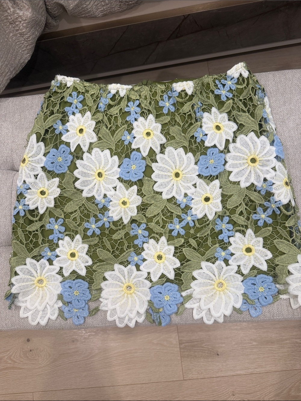 Floral Crochet Lace Mini Skirt - Olive with White & Light Blue Flowers
